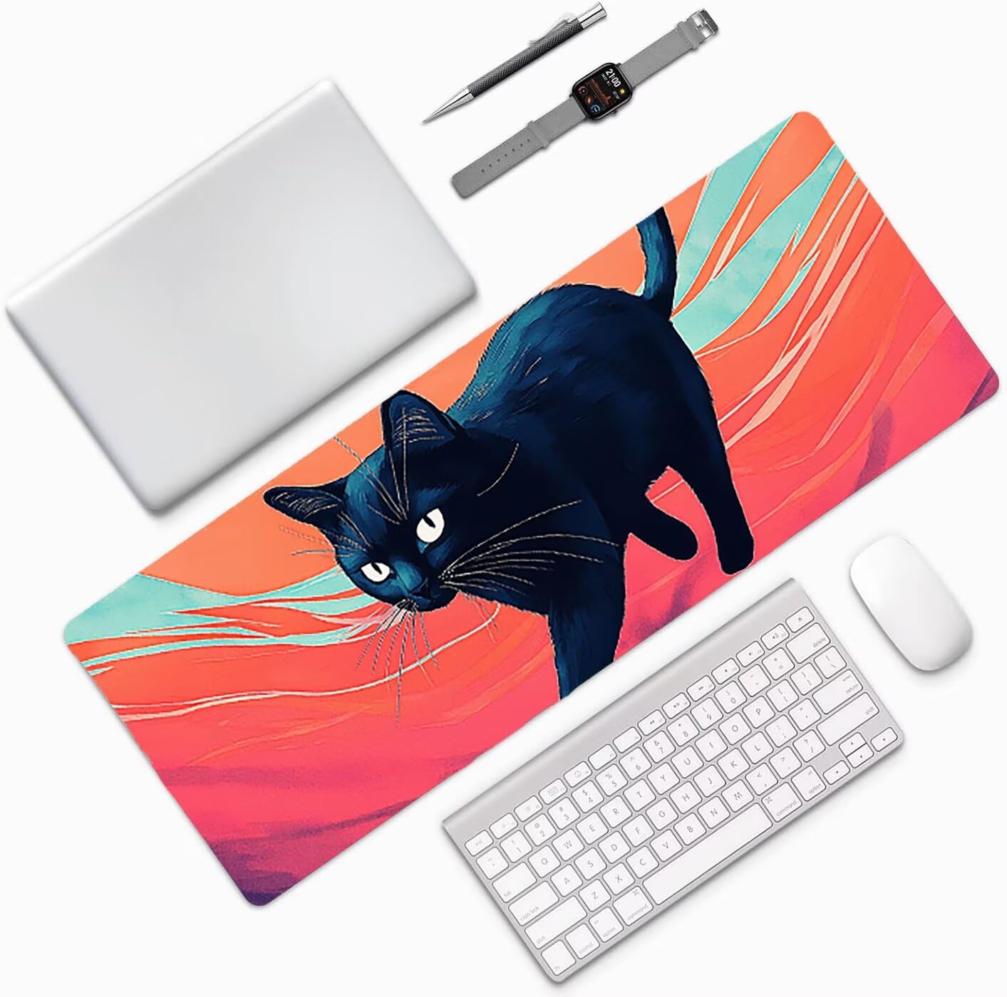 Lpfieonn Katze Schreibtischunterlage XXL, Rot Schreibtischunterlagen Großes, Gaming Mousepad XXL mit ernähter Rand und Rutschfeste Gummibasis, Wasserdicht Desk Mat für PC/Laptop/Mausa 120x60cm PF-3518