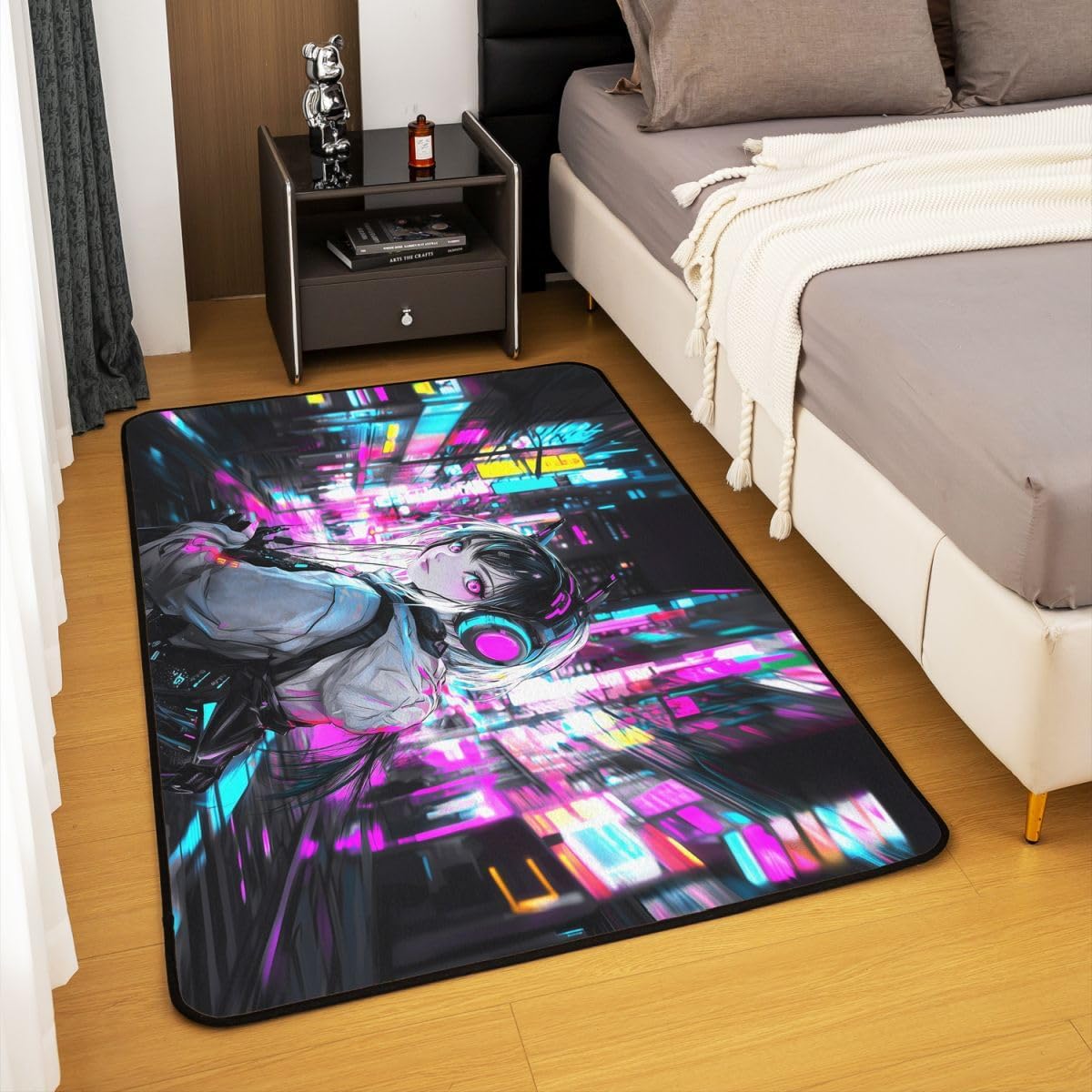 Erosebridal Anime Girl Area Rug 3x5,Japanese Style 3D Anime Carpet for Kids Girls Boys,Sci Fi Style Gaming Indoor Floor Mat,Hot Pink Colorful Decorative Washable Rug for Dining Room Under Table