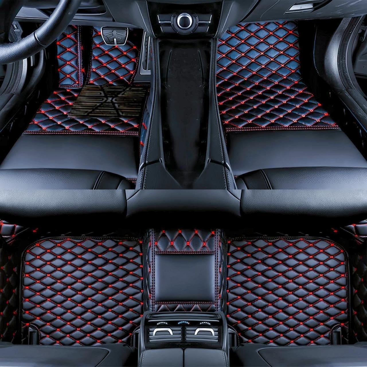 Custom Luxury Car Floor Mats Suitable for All Sedans, Sports Cars,SUV, Business Vehicles, Trucks, Waterproof and Anti Slip Fully Covered Leather Floor Mats (Black Red)