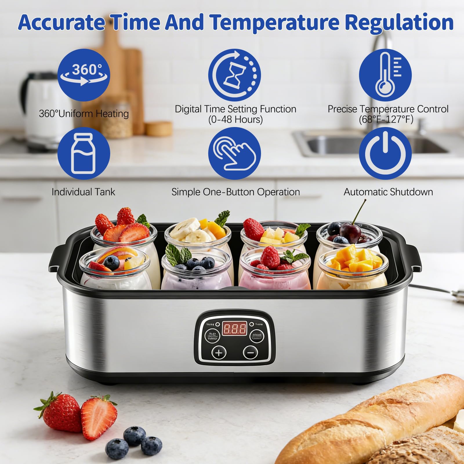 Yogurtera Eléctrica con 8 Tarros De Vidrio | Temporizador ajustable y temperatura precisa para preparar yogur orgánico, natto y postres caseros saludables