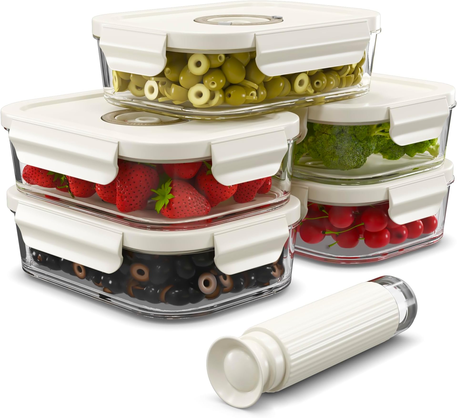 5 Pack 1040ml Glass Meal Prep Containers with Date Tracker & Pump - Airtight Containers with Lids - Glass Food Storage Containers Oven,Microwave and Fridge/Freezer Safe - Leak Proof