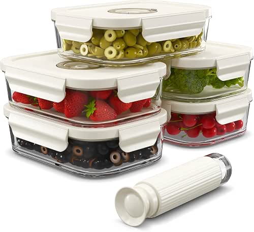 5er-Pack 1040ml Glas-Vakuum-Lebensmittelbehälter mit Datumsanzeige & Pumpe - luftdichte Vakuumbehälter