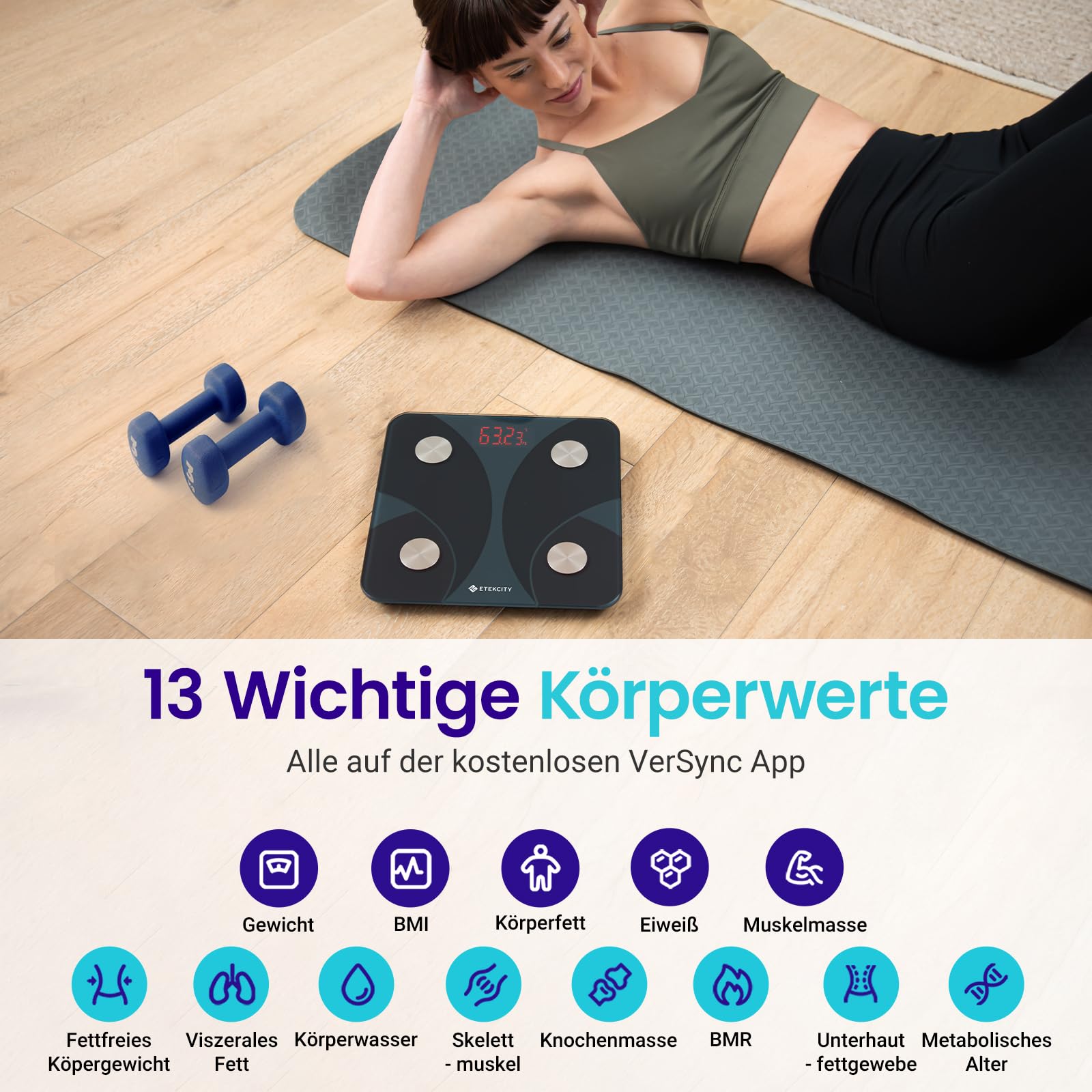 Etekcity Waage Personen - Personenwaage digital mit Körperfett und Muskelmasse - 180kg Körperfettwaage - Fitness Scale - 13 Körperwerte - Körperfett/BMI/Muskelmasse/Protein/BMR - Schwarz