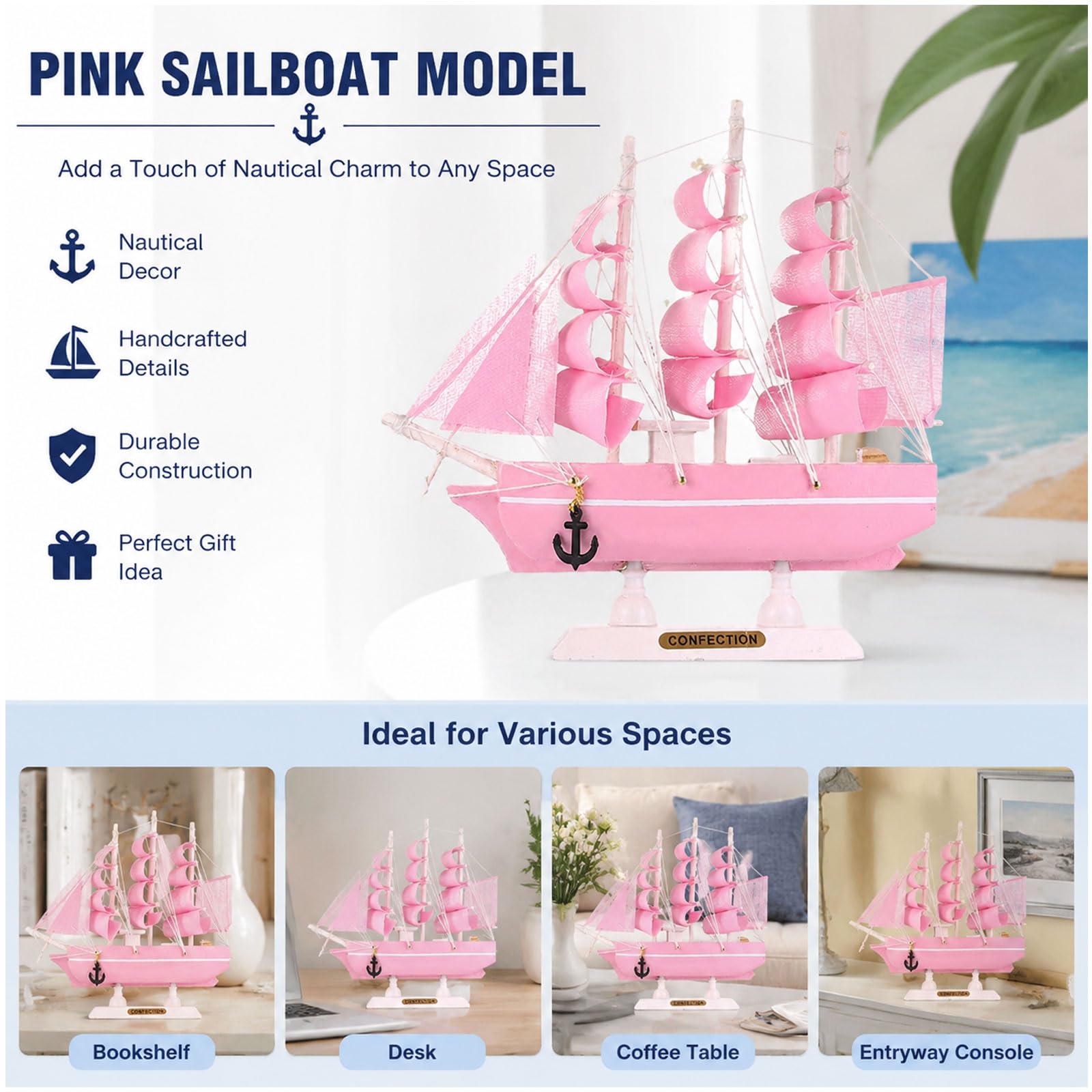 YLME Rosa Segelboot-Dekomodell Dekoratives Segelschiff Mit Realistischen Segeln Und Anker Akzent Für Strandhaus/Regal Für Schreibtisch/Tisch Einzigartige Geschenkidee,30cm