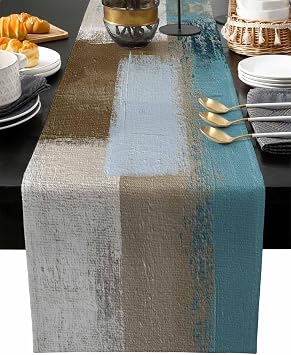 Aqua-Blue Brown Table Runner-Cotton Linen-13x36 Inch Holiday Dresser Scarves, Modern Abstract Beige Oil Painting Art Tablerunner for Kitchen Coffee/Dining Bedroom Home Living Room Dinner Scarf Decor