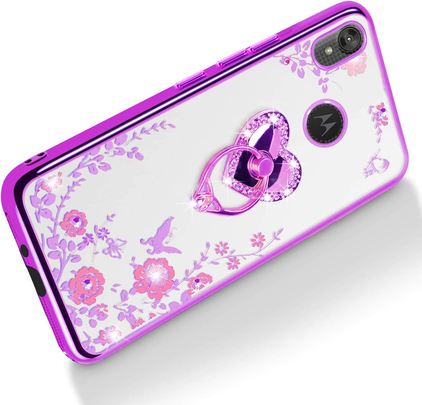Moto E6 Case with Lanyard Neck Strap, Glitter Crystal Butterfly Heart Floral Series-Cute for Girls Women Soft TPU Protective Cover Clear Case with Ring Stand Holder for Motorola E6 - Purple