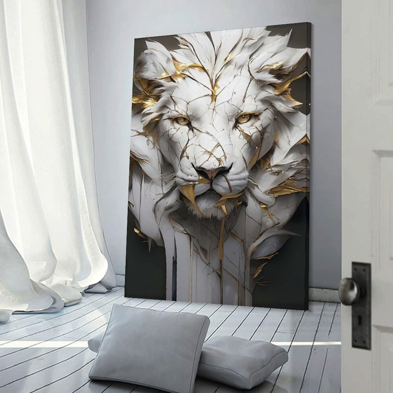 Junmoney Decorative Wall Artwork Cracked White Lion Sculpture with Gold Accents, 24x36inch(60x90cm), for Lounge, Bedroom Or Personal Spaces, Thoughtful Wall Decor for Art Lovers