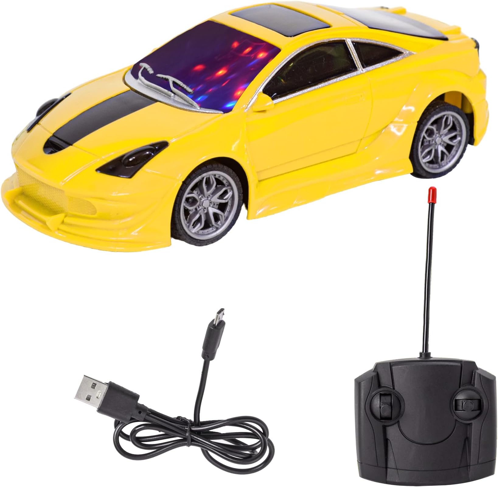 WISHKEY ABS Plastic Remote Control Drift Racing Car with 3D Lights, Four Way Functional Remote Control Rechargeable Car, Yellow, 4+Years (Pack of 1)