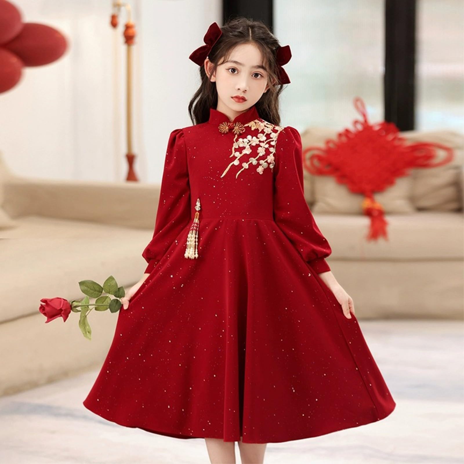 Vestito da festa per ragazze a maniche lunghe una linea Swing Dress cinese tradizionale Qipao festa di compleanno Capodanno Cheongsam carino festival abiti