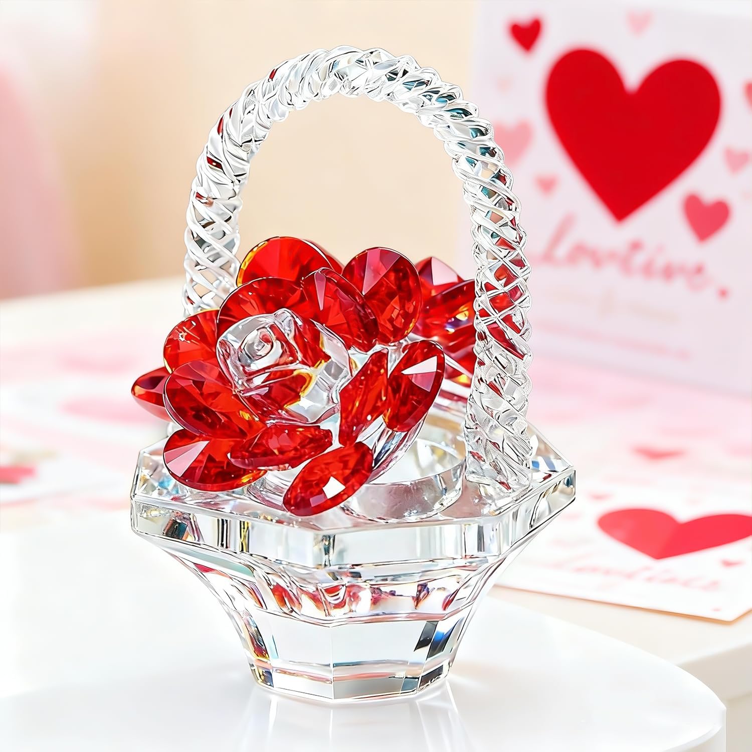 H&D HYALINE & DORA Crystal Red Rose Flower Basket Crystal Collectible Figurines Ornaments for Home Decor Table Centerpiece