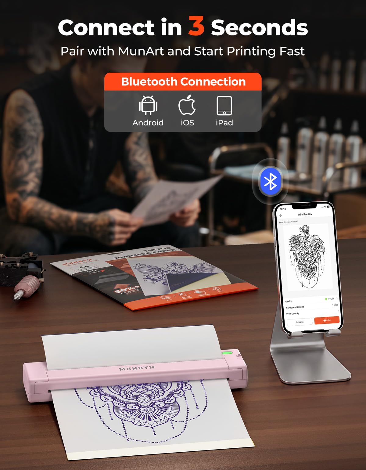 MUNBYN Termocopiadora Tattoo Bluetooth, Impresora Termica Tatuajes para DIY, Compatible con Smartphone y PC, Incluye 10 Hojas de Papel de Transferencia, ITP05S Rosa