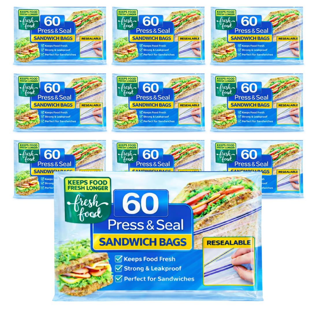LND Gifts Sandwich Bags 10 Packs Of 60 (600 In Total) Press And Seal Food Bags, Re-sealable Tab Closure For Food And Snacks.(17cm x 20.cm Approx.)