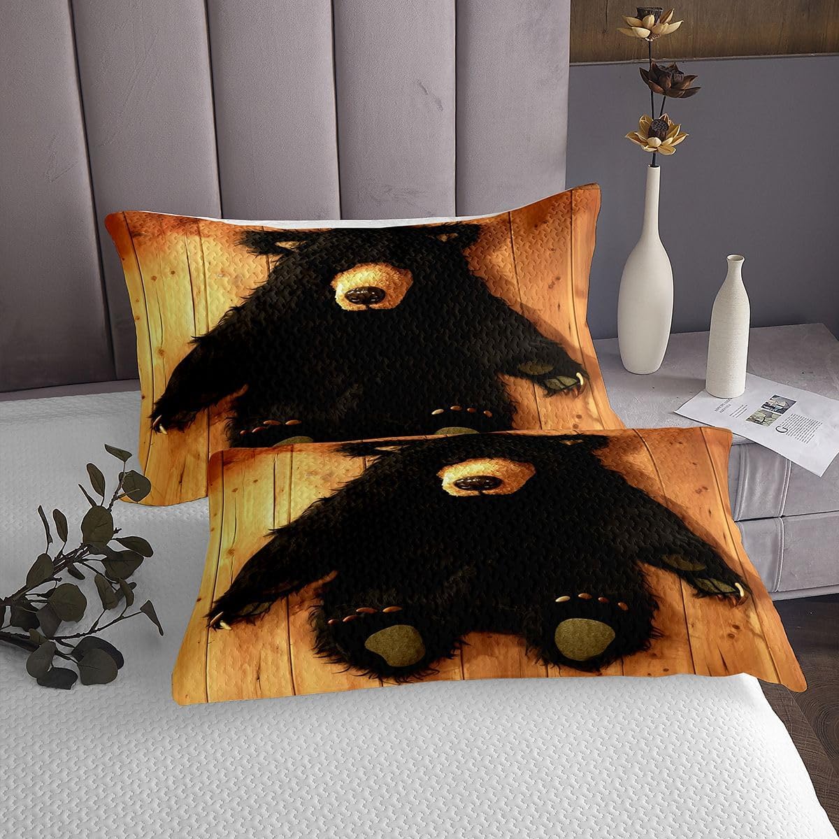 jejeloiu Lodge Cabin Bear Bedspread Quilts Wood Grain Coverlet Set Queen Size for Kids Boys Girls Cute Bear Quilted Coverlet for All Season with 2 Pillowcases Rustic Cabin Country Microfiber