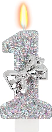 Silver Bow Number 1 Candle, 1st Birthday Decorations for Girls