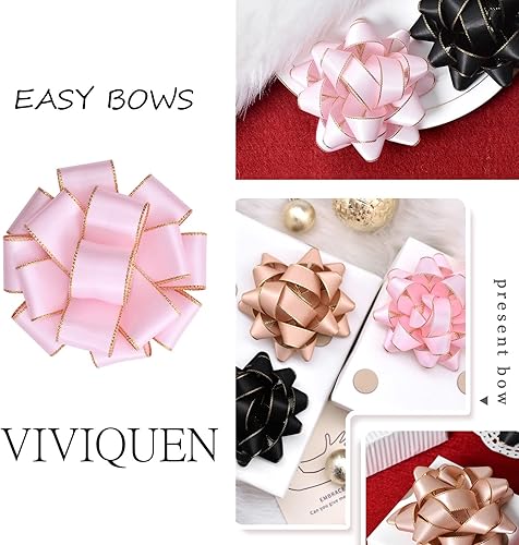 Miniatura 8 de VIVIQUEN Cinta de satén roja de doble cara con borde dorado, cinta continua de poliéster de 1-12 pulgadas, 25 yardas, cinta ancha para envolver