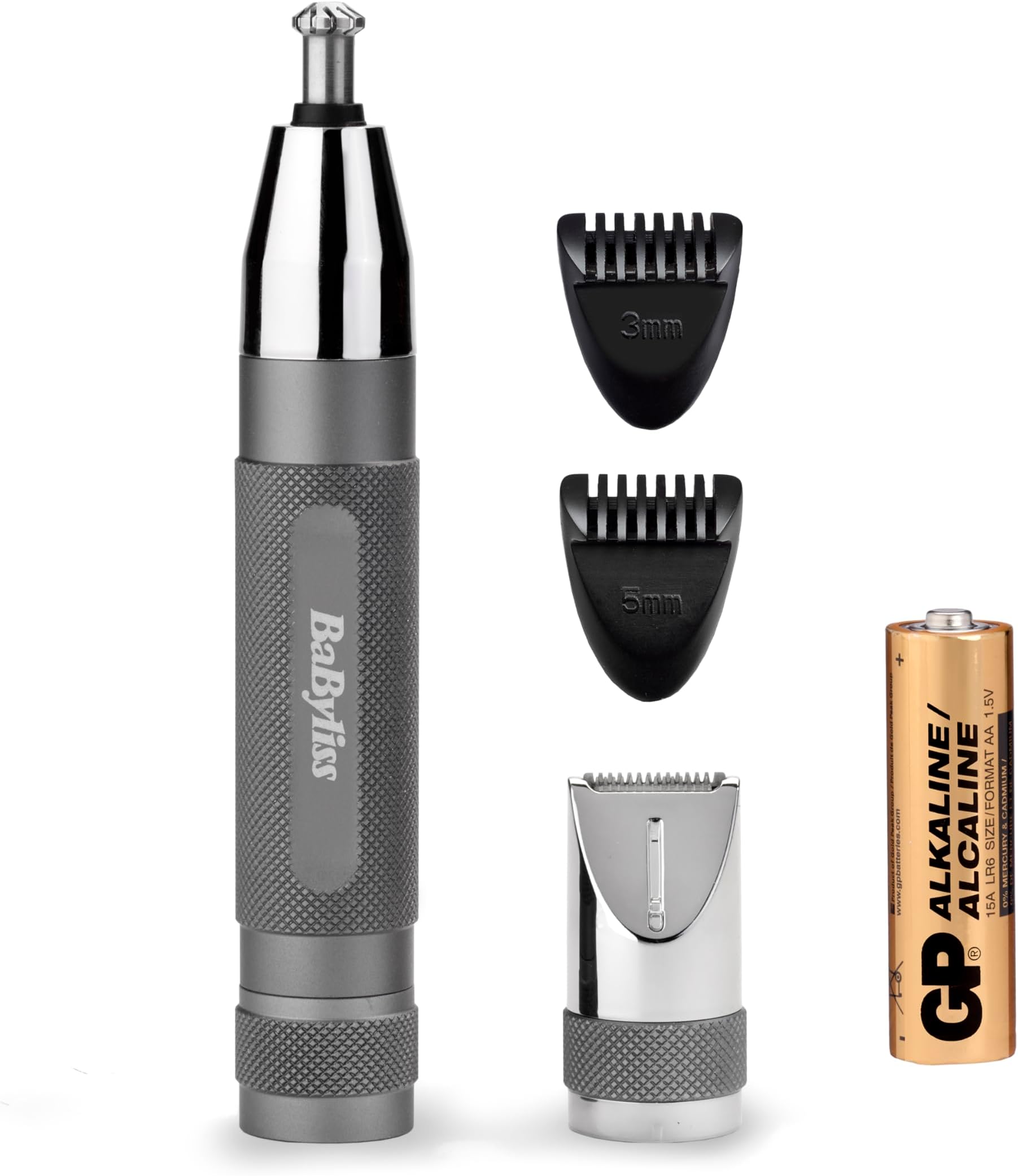 BaByliss Super-X Metal Precision Detail Trimmer - 3-in-1 Nose, Ear & Eyebrow Trimmer, 2 Attachments, 2 Comb Guides, Battery-Powered, 7066U