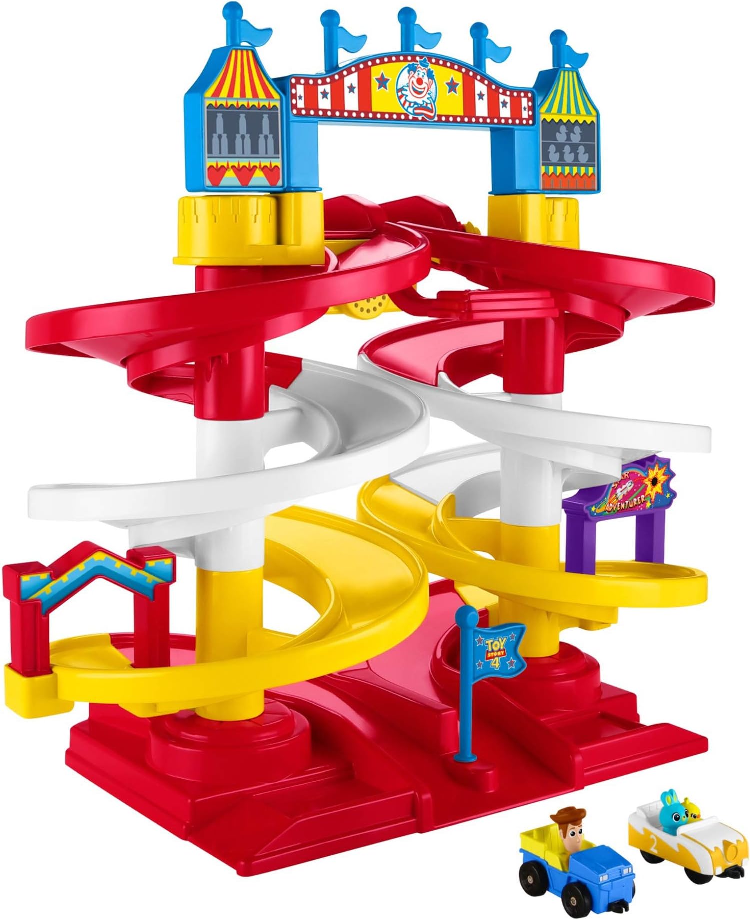 Disney Recreatekids' favorite moments from Pixar Toy Story 4and send vehicles racing around this carnival racetrack featuring fun sounds and real character phrases!, GFG56