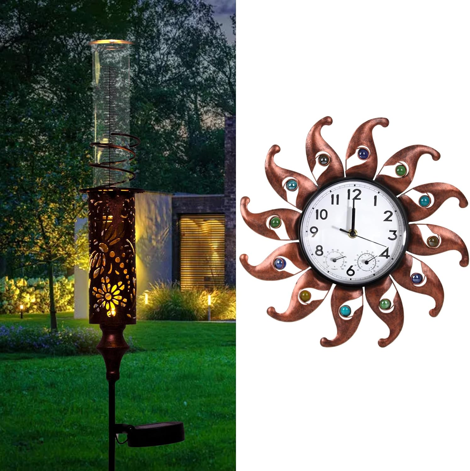 Copper Solar Rain Gauge Outdoor and 13.5" Copper Sun Metal Outdoor Thermometer for Garden Patio Home Decor