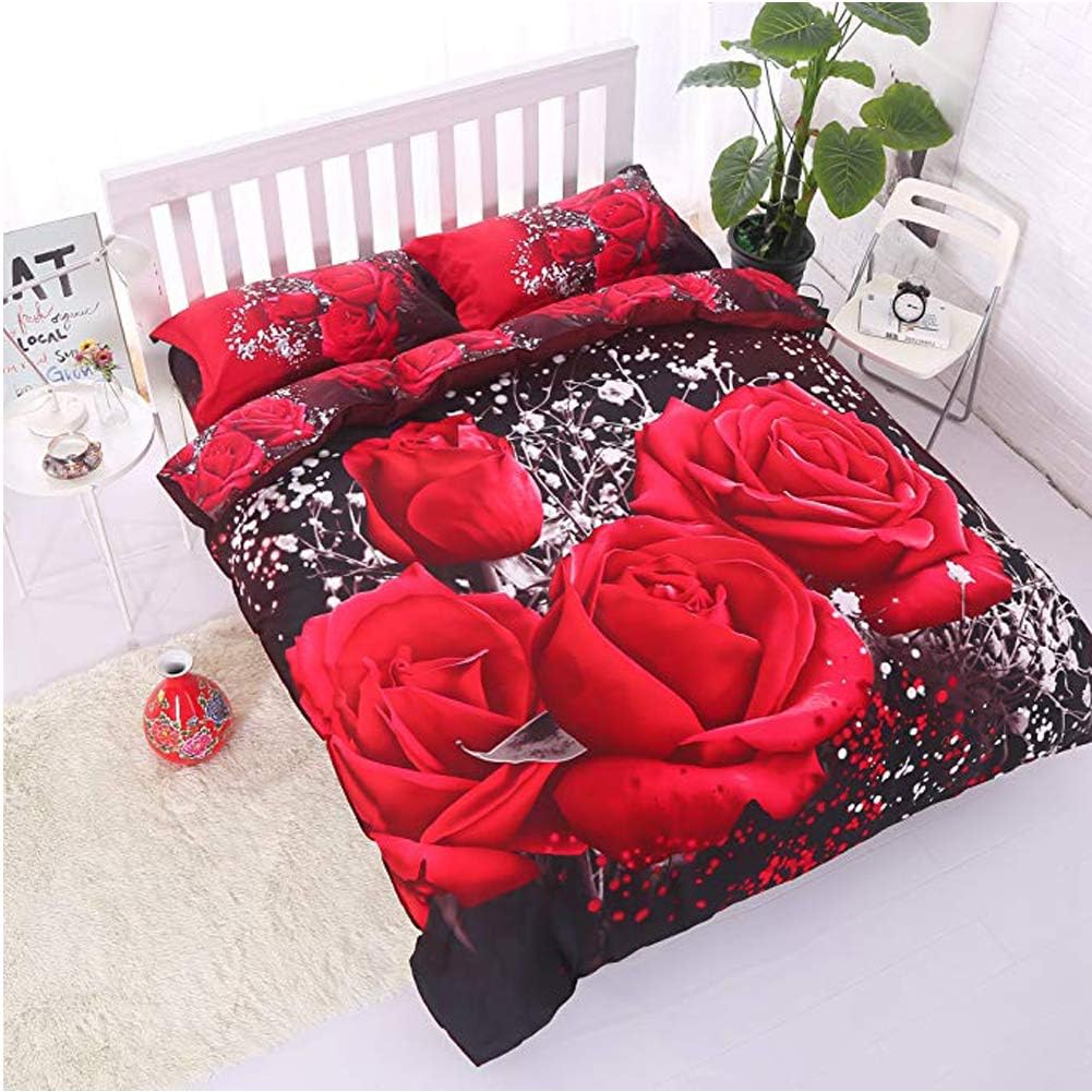 DACHENGXIAORUI 4Pcs/Set Red Rose Pattern 3D Printed Bedding Set Bedclothes Home Textiles King Size Quilt Cover Bed Sheet 2 Pillowcases(Size:200 x 230 cm)