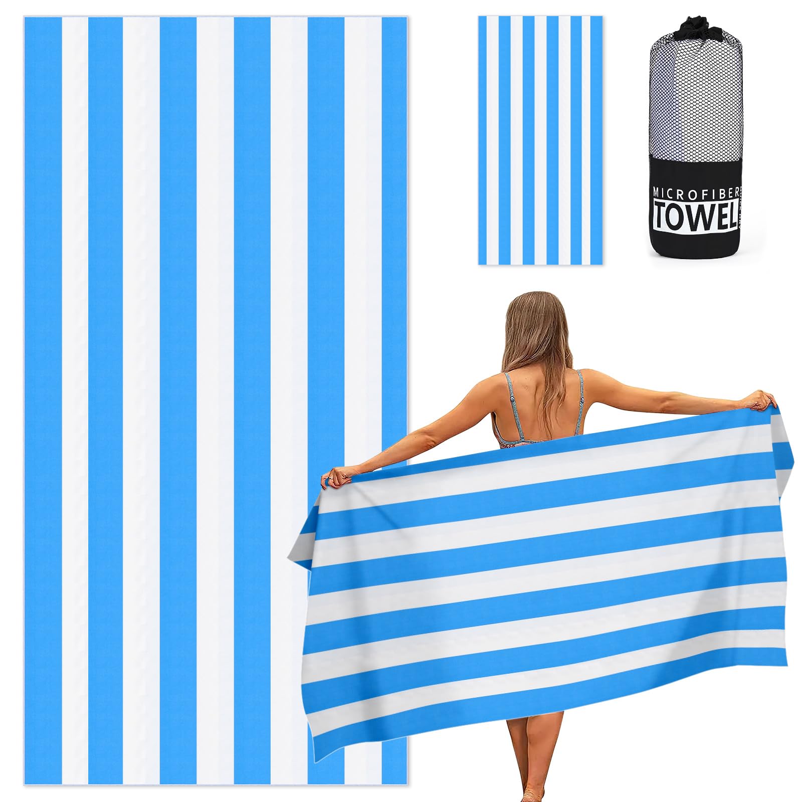 Ainiv Large Beach Towel, 80 * 160cm Double Sides Striped Sand Free Pool Towel, Soft and Lightweight Sport Yoga Towel with Bag, Microfibre Quick Dry Swimming Towel for Women Men, Bath, Travel, Sports