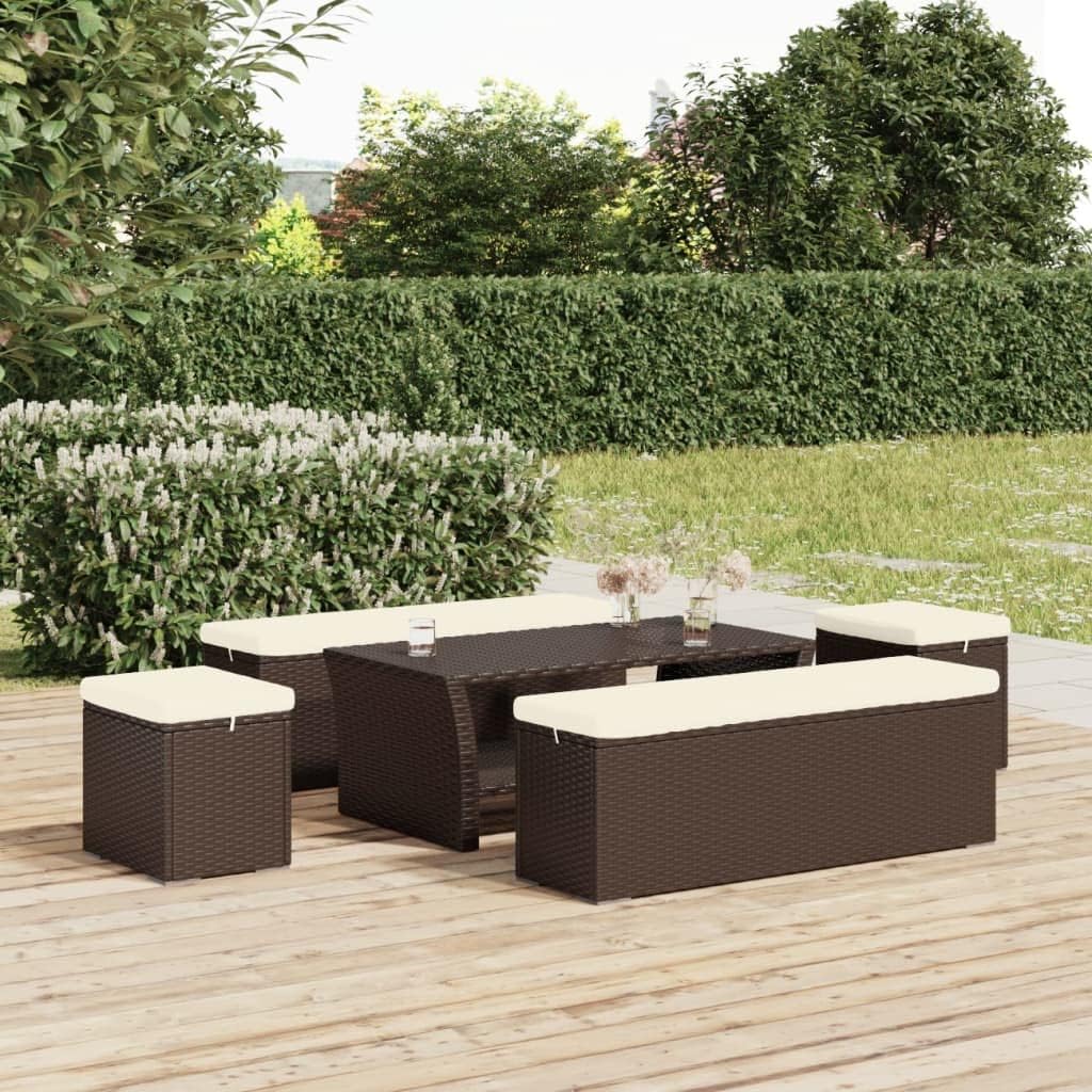 vidaXL Sturdy Outdoor Ottoman with Cushions 2 pcs Set - Brown Poly Rattan with Cream White Fabric Cushions - 15.7"x11.8"x15.7" Size