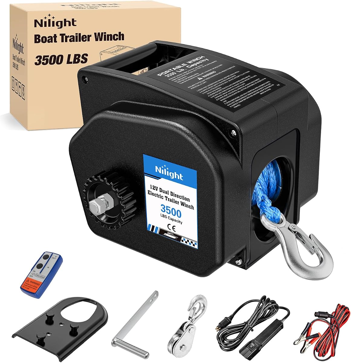 Cabrestante para remolque de barco, 3500 libras, cabrestante eléctrico portátil para barco, 12 V CC, cabrestante marino con cuerda sintética, control remoto, manivela manual, rueda libre eléctrica, cabrestante impermeable para remolque de barco, negro