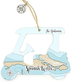 Spanish Wells, Bahamas Golf Cart Shaped Wood Map Ornament | 4.5” Tall Wood Hanging Map Ornament with Artwork & Compass Charm | Perfect for Wine Bottles, Gift Bags, Home or Christmas Tree