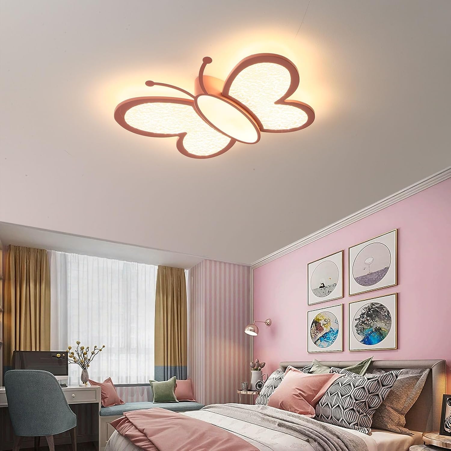 Dimmable LED Flush Mount Ceiling Light Fixture with Remote Control, 18.7Inch 36W Pink Butterfly Modern Ceiling Lamp for Girl Room Baby Kids Room Bedroom Nursery Dining Room Kitchen