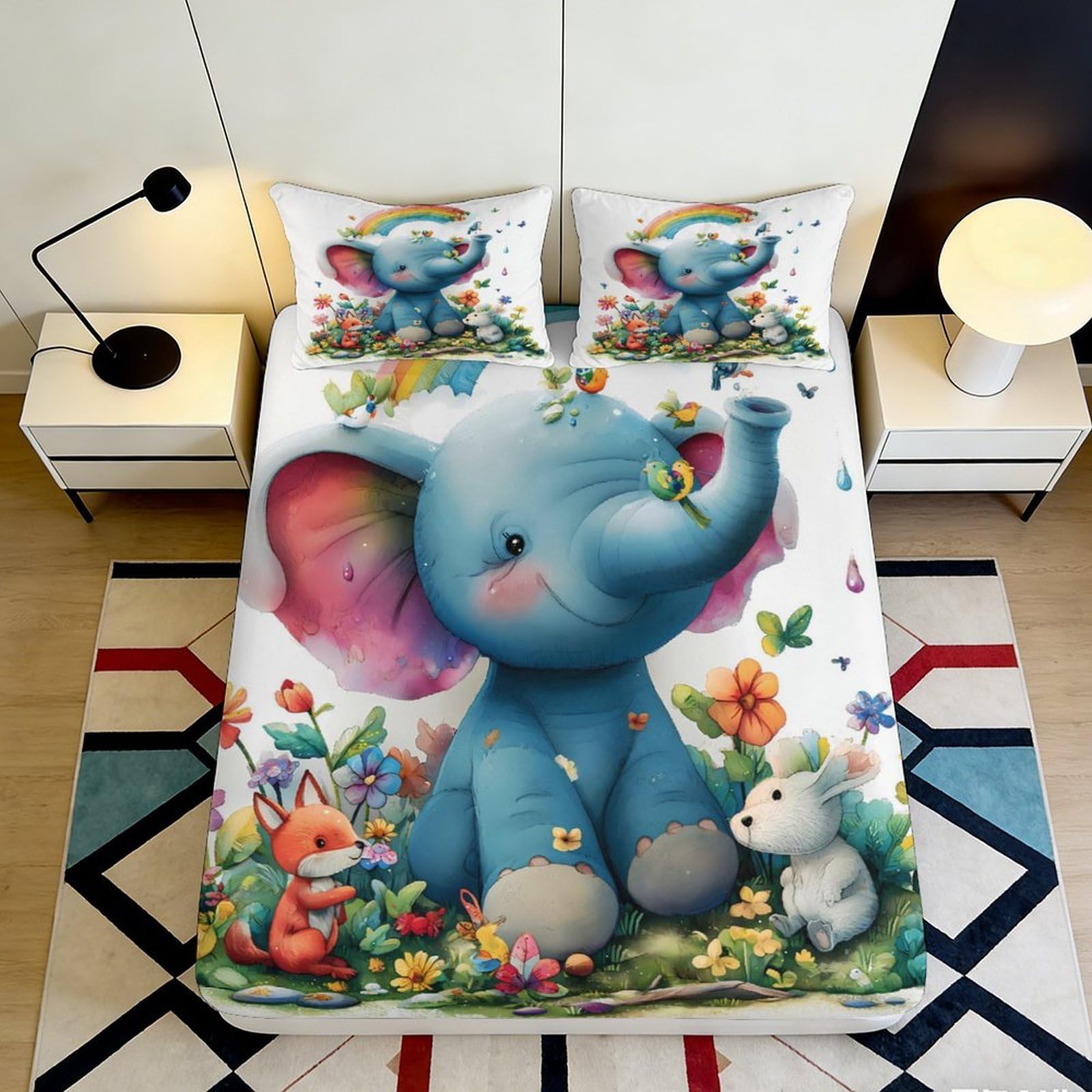 3D Printed Cute Elephant Fitted Sheet Microfiber Soft Animal Forest Bed Cover for Bedroom Guest Room Dorm Decor 90x200x25cm