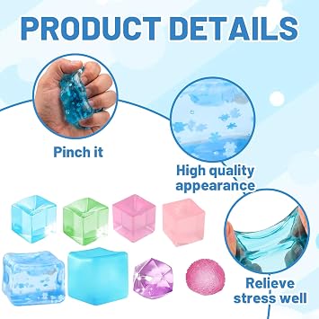 8Pcs Ice Cube Squishy, Malt Sugar Ice Cube Squishy Cube, Stress Cube for Office, School and Travel, Sensory Squishy Cubes with Assorted Colours and Textures