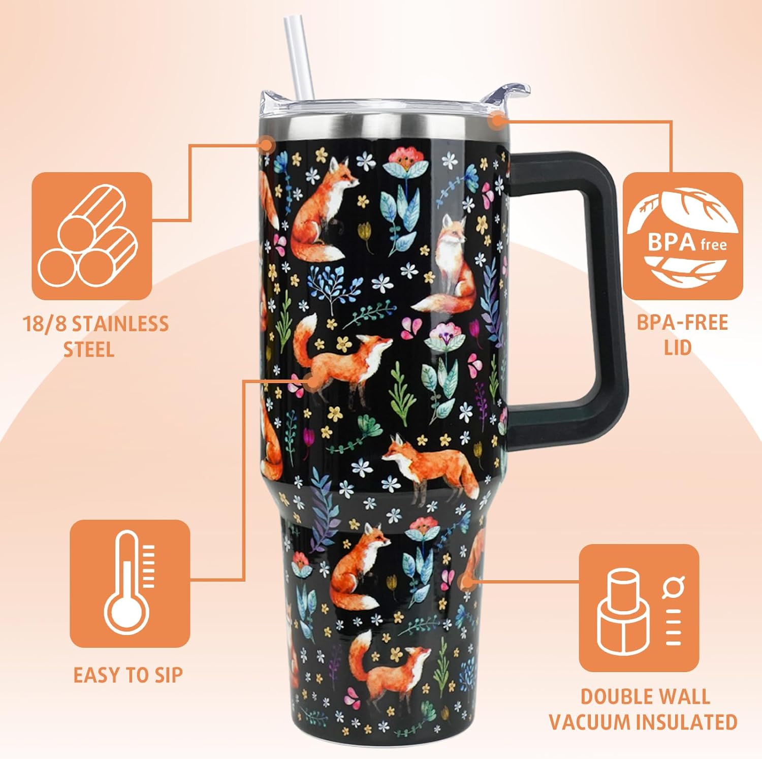 Fox Tumbler 40oz Cute Foxes Theme Watercolor Flowers Cups Coffee Travel Mugs Insulated Cup with Handle and Straw Water Bottle Fall Winter Decor Gifts for Women - Image 6
