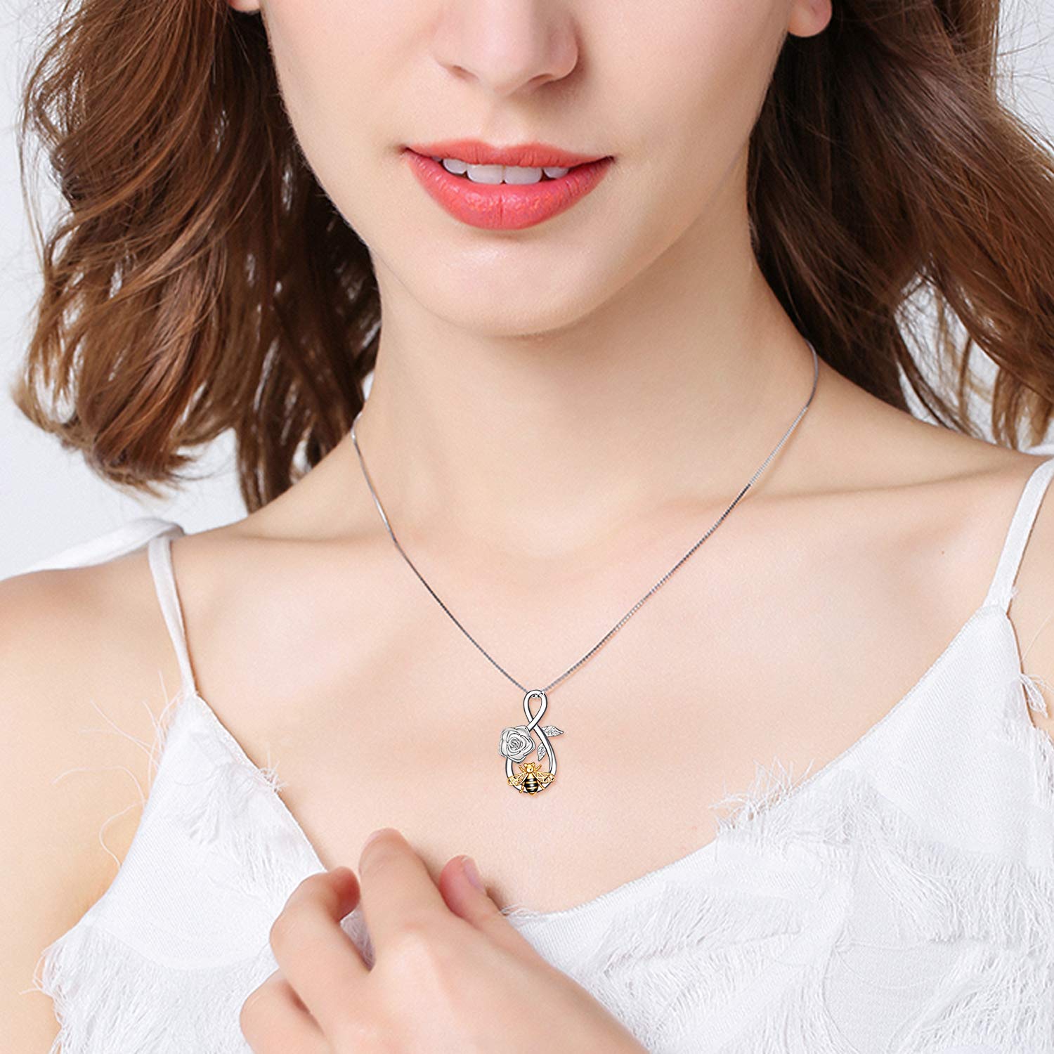 YAFEINI Bee Necklace Sterling Silver Infinity Love Bee Pendant Necklace with Rose Flower Jewellery Gifts for Women Teens