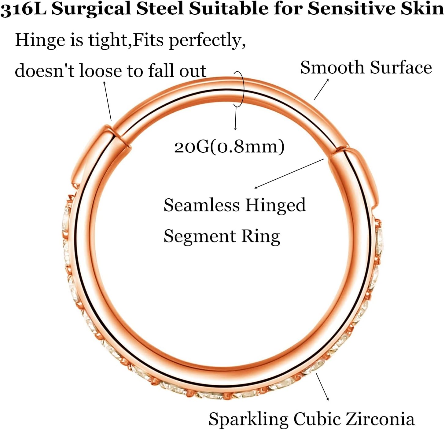 CZ Hinged Segment Nose Rings Hoop 316L Surgical Steel Cubic Zirconia Conch Daith Helix Tragus Body Piercing Jewelry Lip Rings Cartilage Earrings 20G 18G 16G Stainless Steel Septum Clicker Ring - Image 2