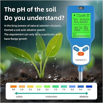 Soil Analyzer, 6 In 1 Soil Tester PH Temperature Humidity Sunlight Air Moisture Nutrient Fertility Meter Soli Detector Gardening Tool