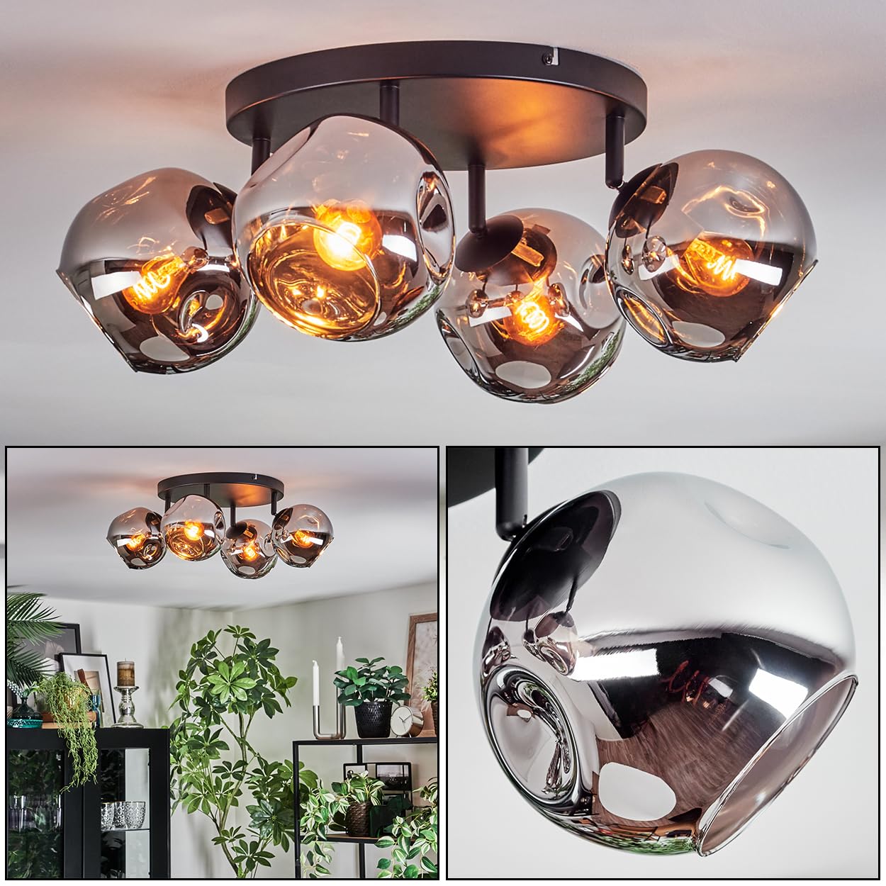 HOFSTEIN Deckenleuchte Ripoll, 4-flammige Deckenlampe aus Metall/Glas in Schwarz/Chrom-/Rauchfarben, verstellbare Leuchte im Retro/Vintage-Design (Schirme Ø 15 cm), E14, Esszimmer, Küche, Wohnzimmer