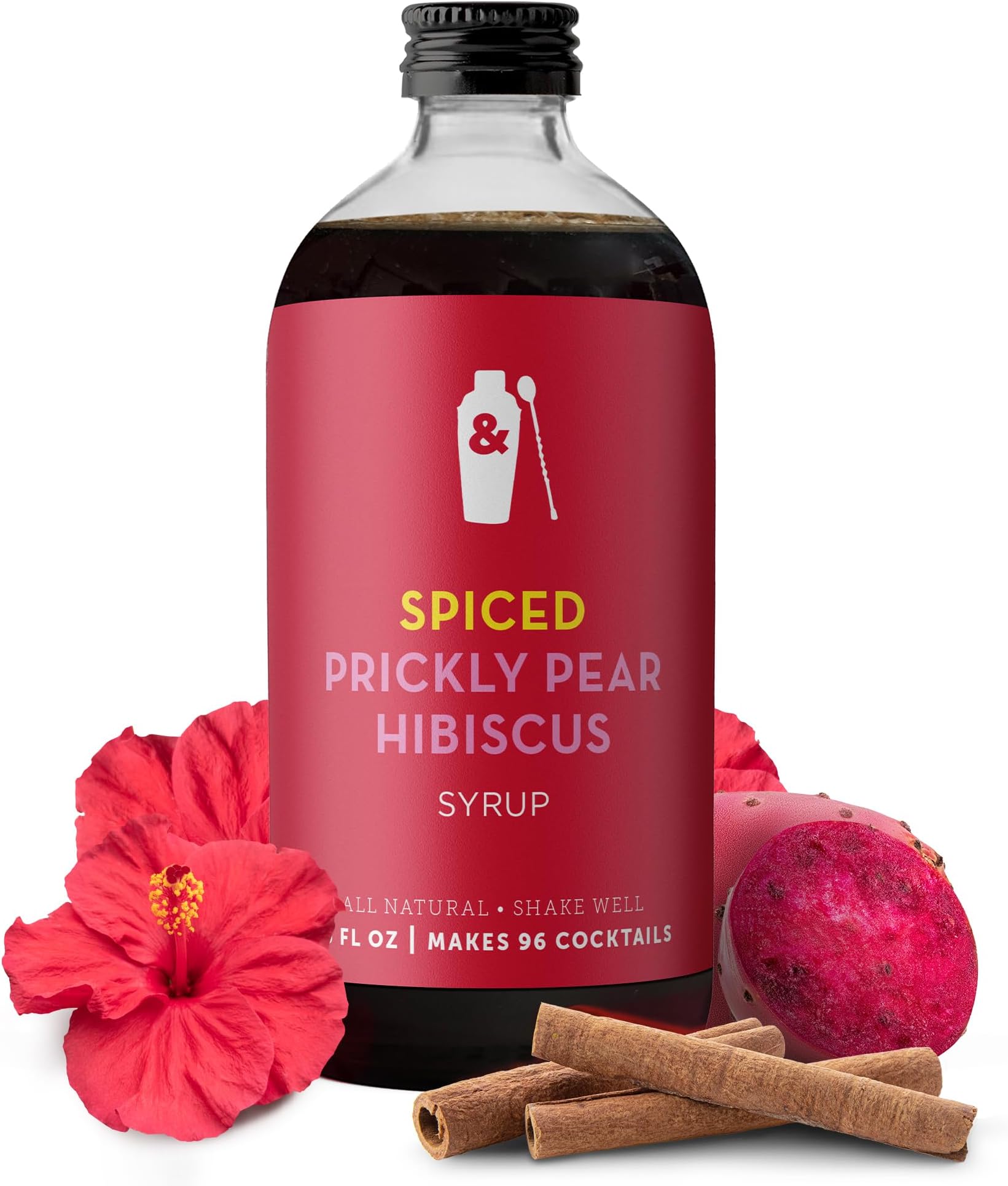Shaker & Spoon Spiced Prickly Pear Syrup, 16oz Hibiscus Flowers & Cinnamon Flavored Syrups for Drinks, Margarita Mix Alternative, Vegan Craft Cocktail Syrup for Mocktails, Non Alcoholic Drinks