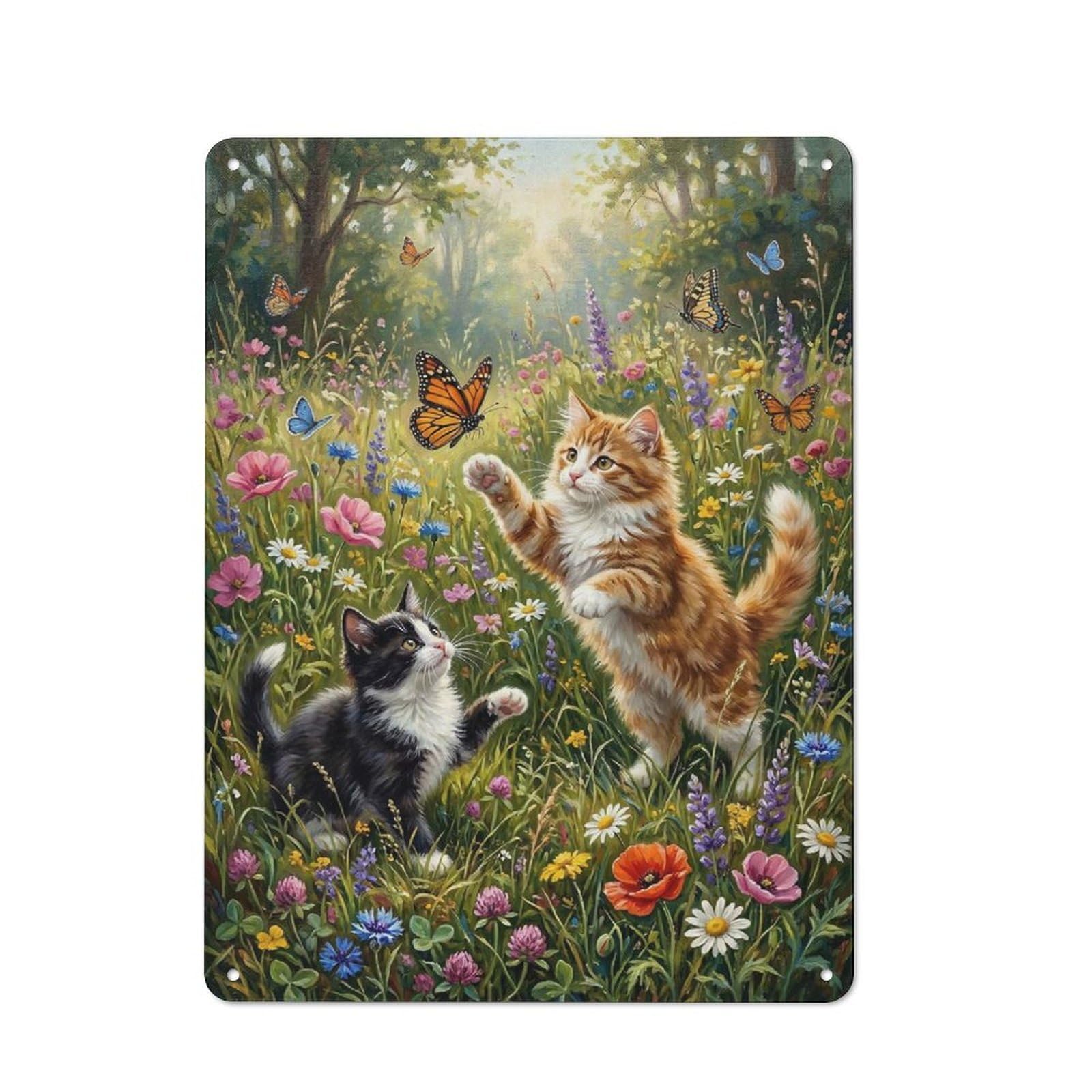 Junmoney Style-14 Kittens Playing With Butterflies In A Meadow Retro Metal Wall Sign 40X30cm For Guest Room Or Hallway, A Housewarming Gift For Home Decor Collectors
