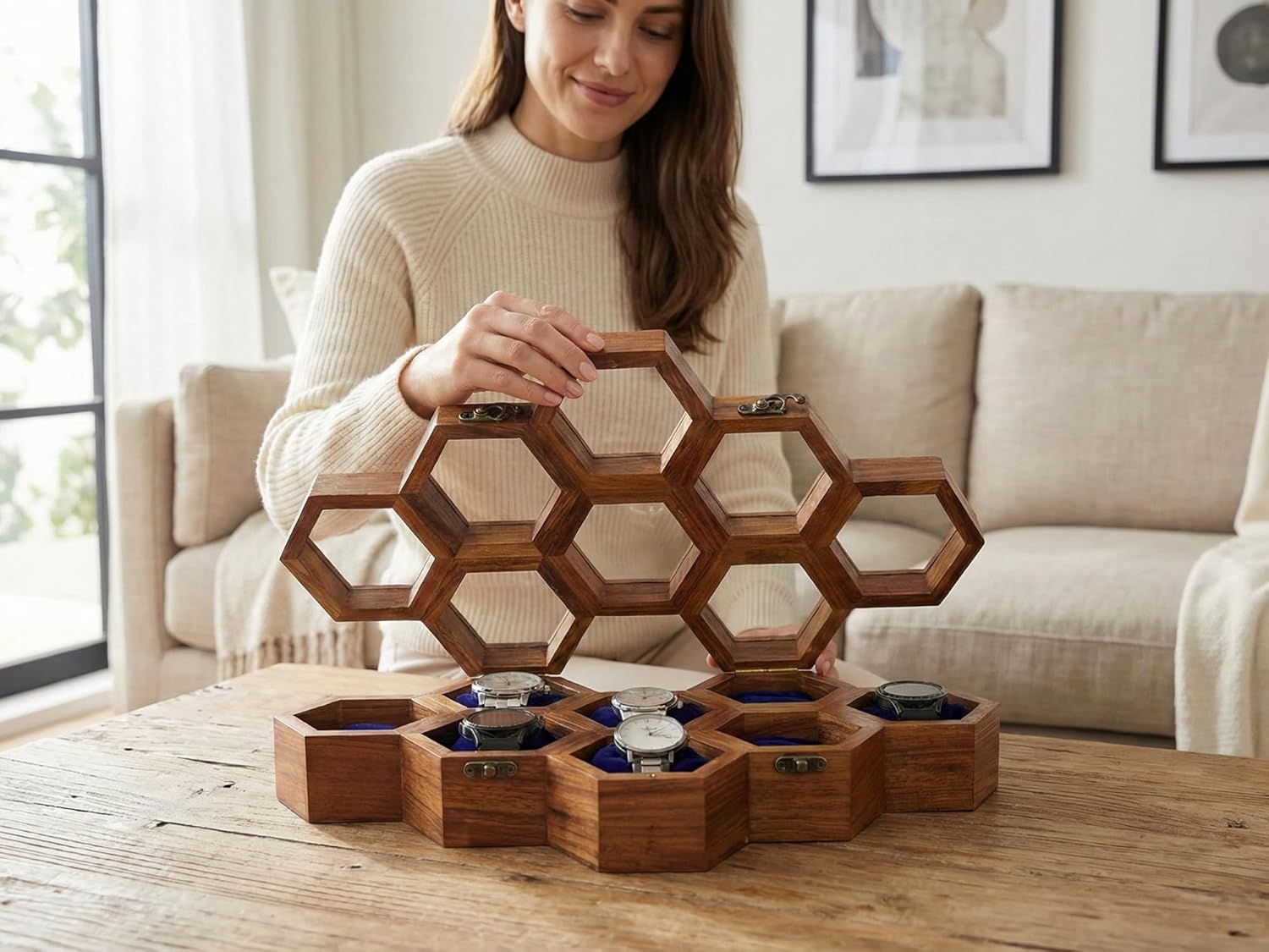 Wooden Watch Display Box - Honeycomb Design, 12 Hexagonal Compartments, Blue Velvet Interior for Luxury Watches, Elegant Organizer for Watches & Jewelry (3 Boxes)