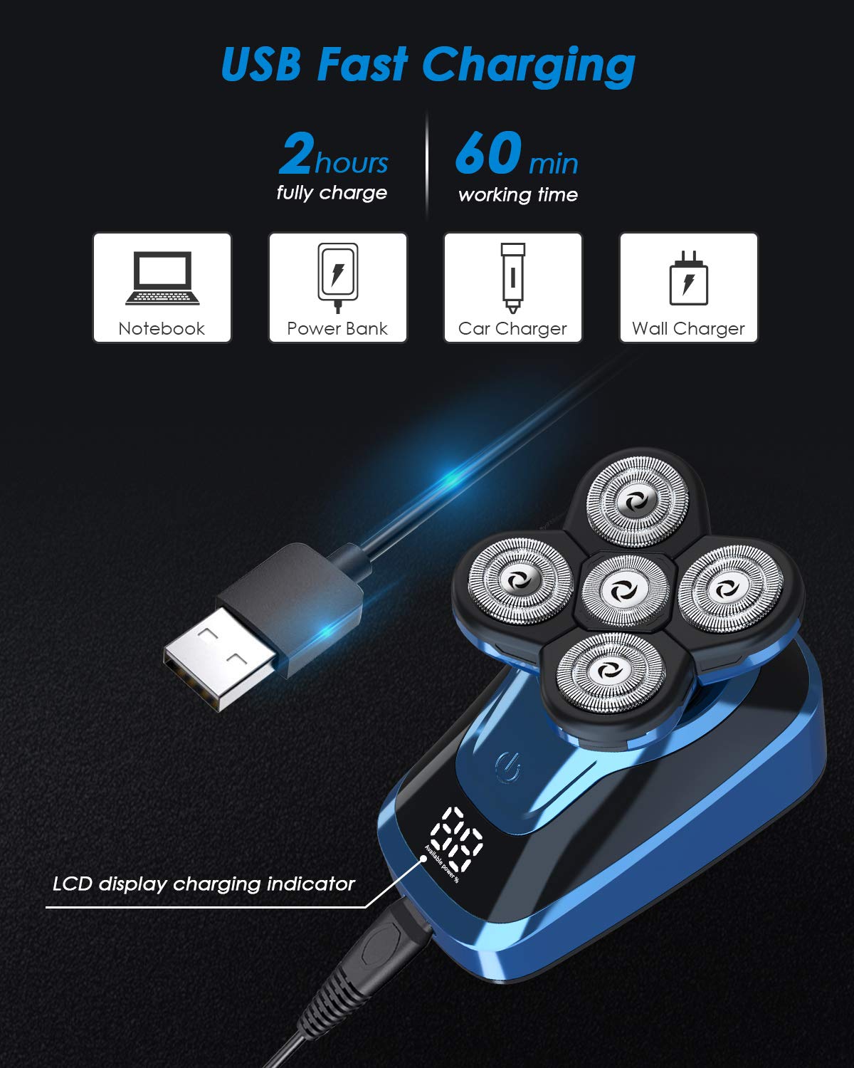 5 in 1 Bald Head Shaver for Men with Waterproof Technology, LCD Display and Fast Charging, Grooming Kit Head Shaver, Beard and Nose Hair Trimmer, Hair Clipper