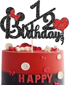 Happy 1/2 Birthday Cake Topper, Black and Red Glitter Mouse Theme Baby Shower Sign, Carton Theme Cake Decoration, 6 Months Birthday Party Supplies for Girls or Boys