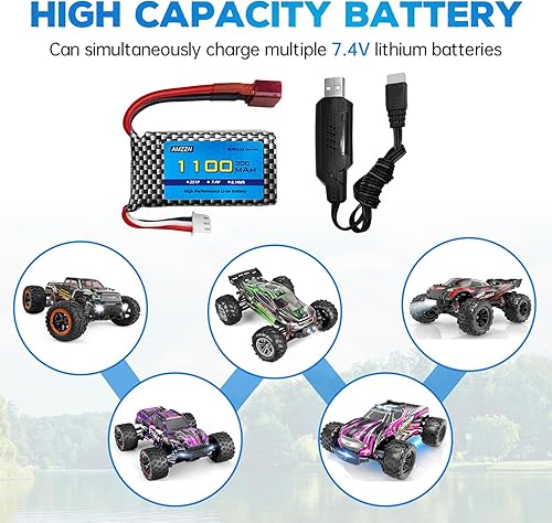 Miniatura 2 de 7.4V 2S 1100mAh 30C Lipo batería T-Plug con cargador USB para 18859 18858 16889 300E 302E HS181 2845 Q903 Q901 110,112,116,118 RC coches, camiones,