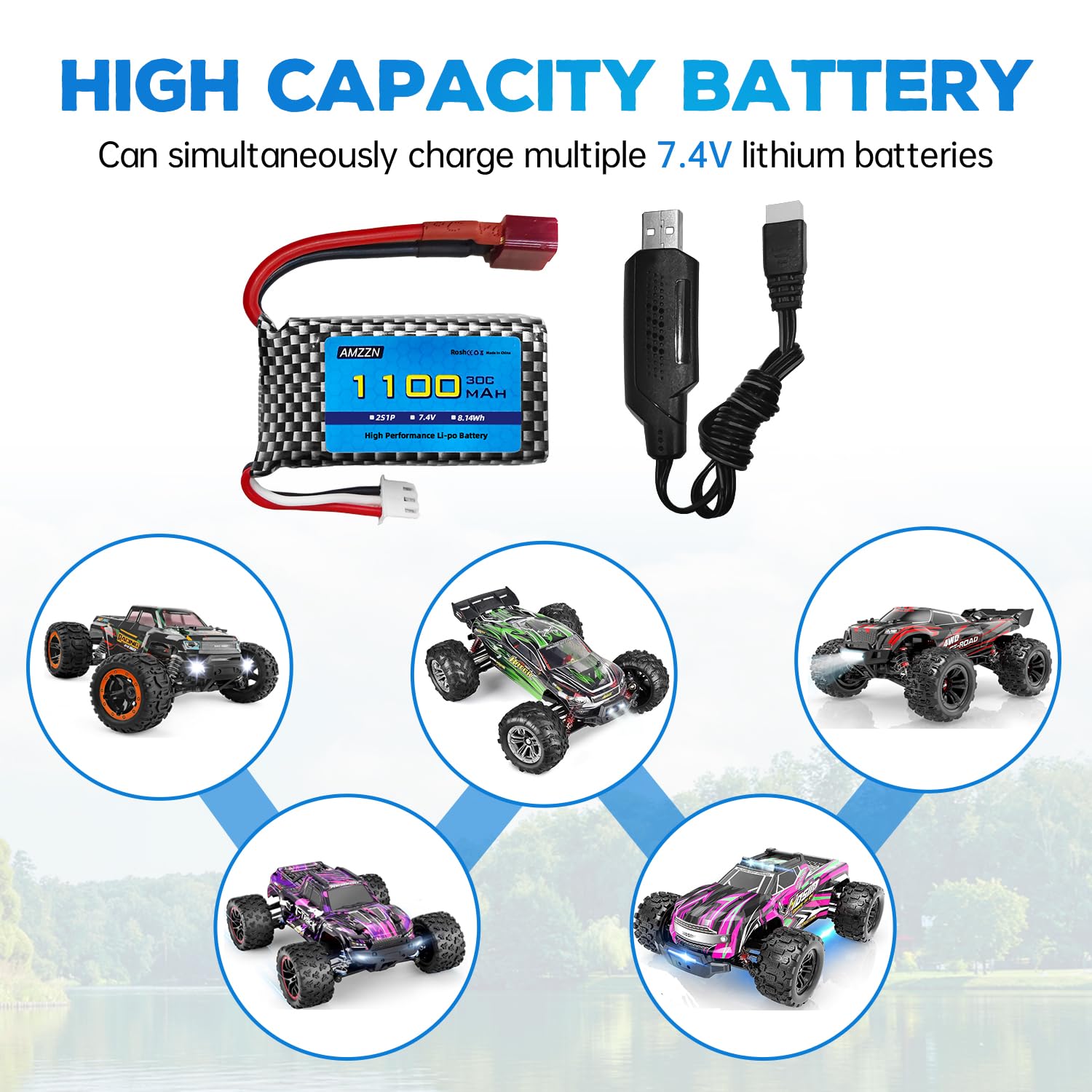 Batería Lipo 7.4V 1250mAh 25C Con 4 Puertos De Salida (PH2.0/JST/SM-2P/MX2.0) Y Cargador USB, 2 Unidades Para Coches Y Aviones RC