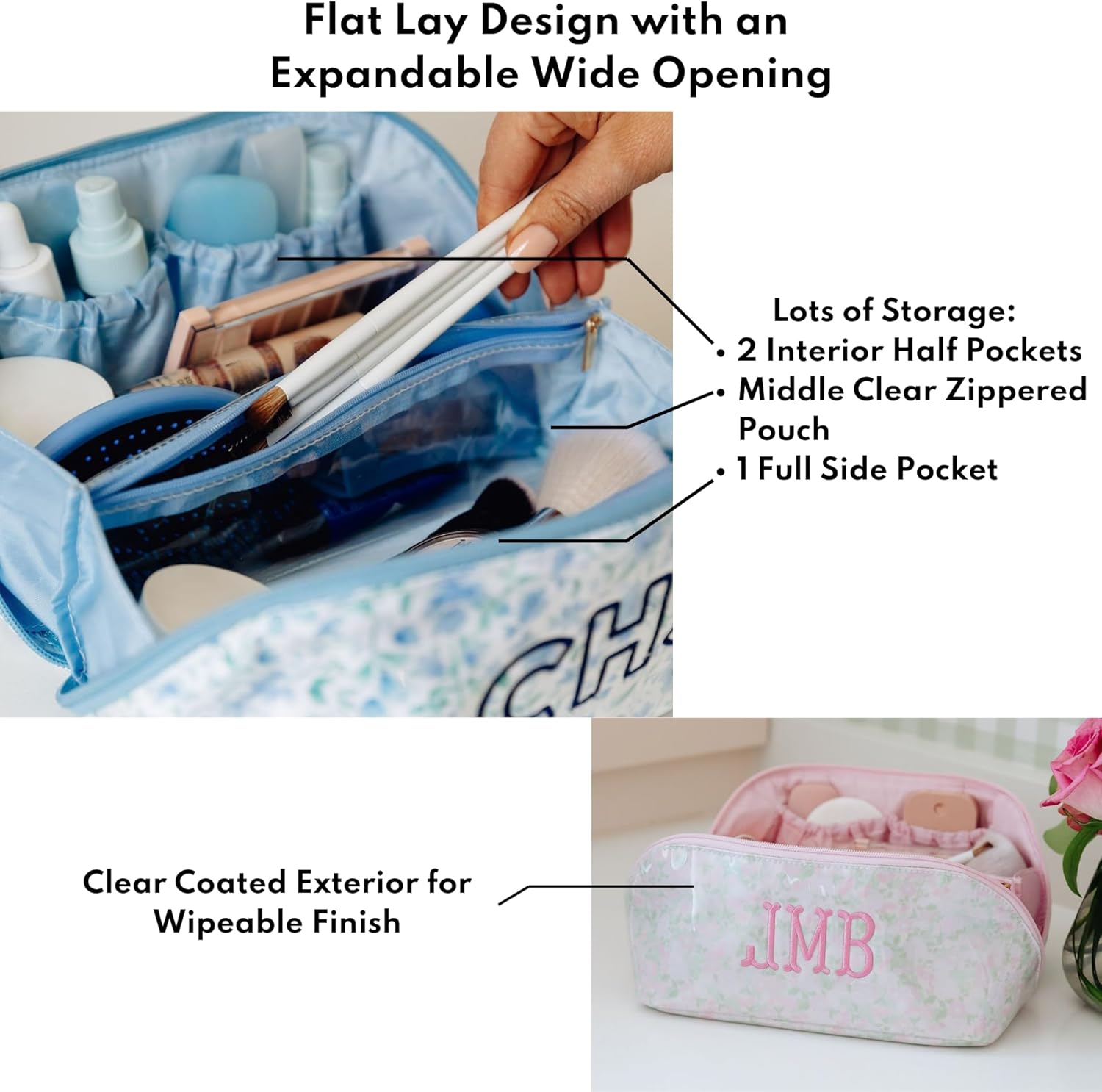 Personalized Flat Lay Makeup Bag - Clear-Coated Embroidered Cosmetic Organizer, Monogrammed Wide-Open Travel Pouch with Easy-Access Interior, Handmade Gift for Women (Palm)