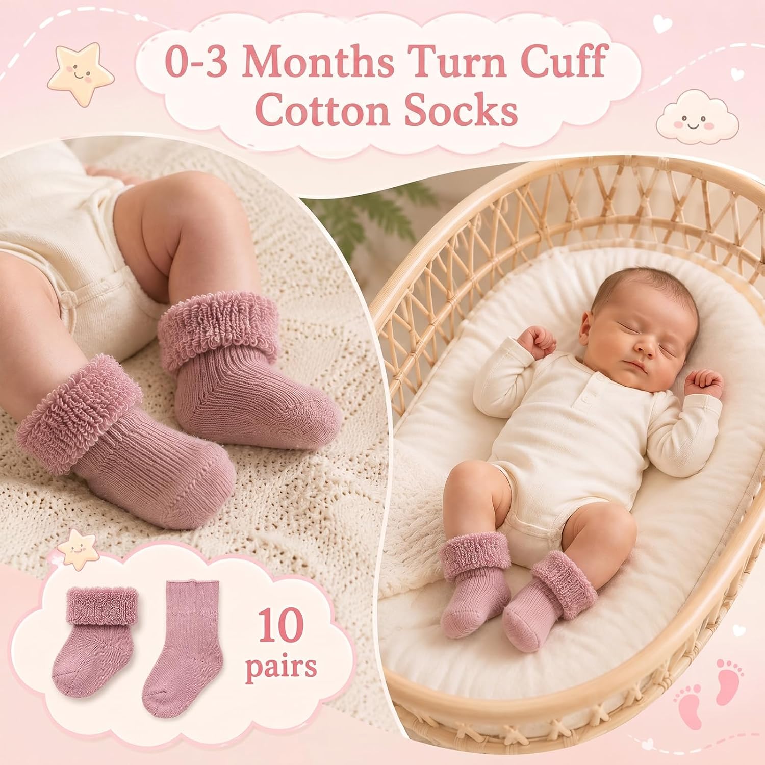 10 Pairs Newborn Preemie Baby Socks Terry Cotton Turn Cuff Socks for Newborn Infant Girls Boys 0-3 Months-Hospital NICU