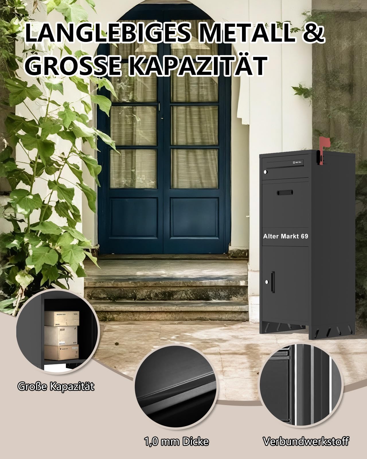 Paketbox Draussen Groß XXLh|Witterungsbeständig Großer Briefkasten mit Paketfach|Personalisierbare Adressaufkleber|Geeignet für Wohnungen, Häuser, Büros und(37 * 46 * 107.5 cm)