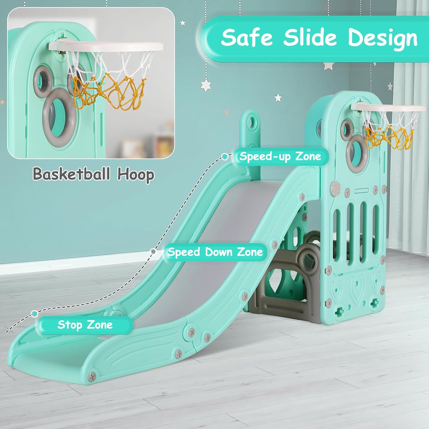 MAMIZO 6 in 1 Toddler Slide, Extra-Long Slide for Kids Climber Playset, Indoor Outdoor Playground with Basketball Hoop & Ball, Storage, Non-Slip Steps (Green)