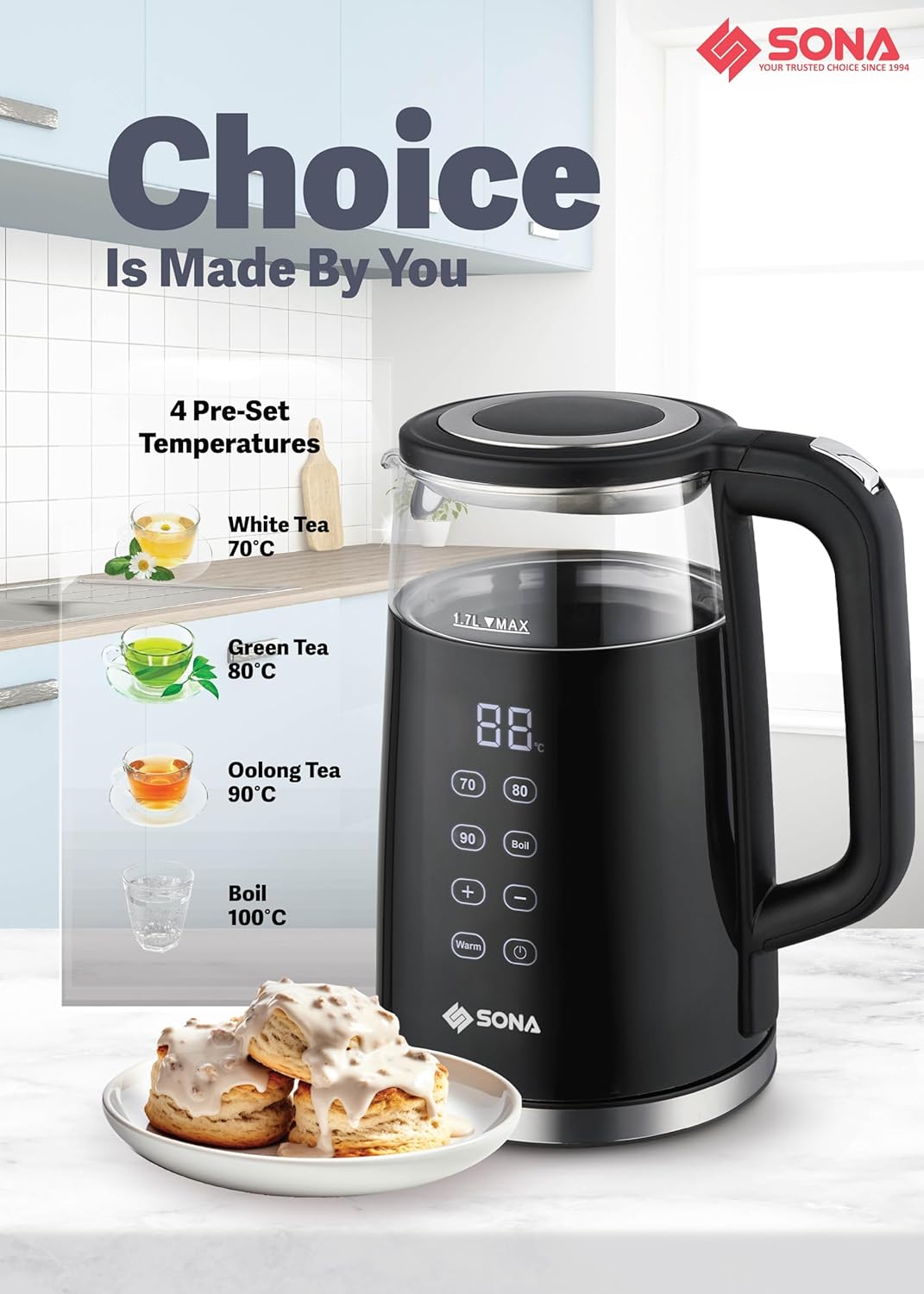 Kettle displaying pre-set temperatures for different tea types