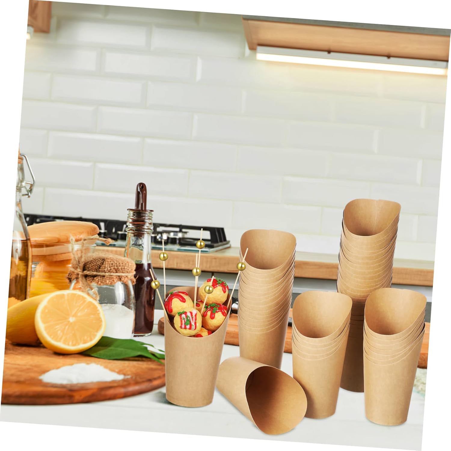 50pcs French Fry Cups Disposable Snack Cups Decorative Toothpicks Kraft Paper for Party Catering French Fries Popcorn