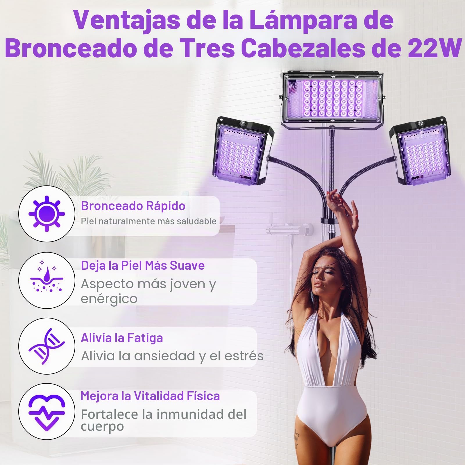 Lámpara de Bronceado Tricéfalo 144LEDs Máquina UV para Rostro y Cuerpo Negro