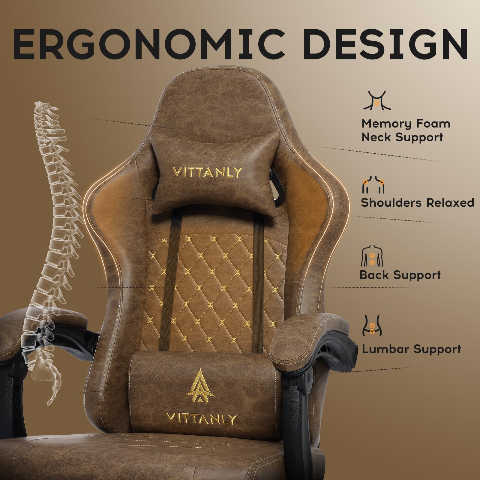 Vittanly Sedia da gioco con cuscino primaverile, ergonomica, per gaming, con poggiatesta, cuscino lombare e poggiapiedi, regolabile in altezza, sedia da gioco, sedia da ufficio, 150 kg, marrone